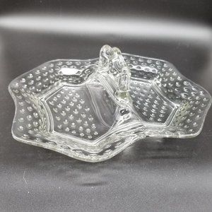 Vintage Clear Glass Hobnail Candy Nut Dish Tray Separated Divided Handle 12" MCM